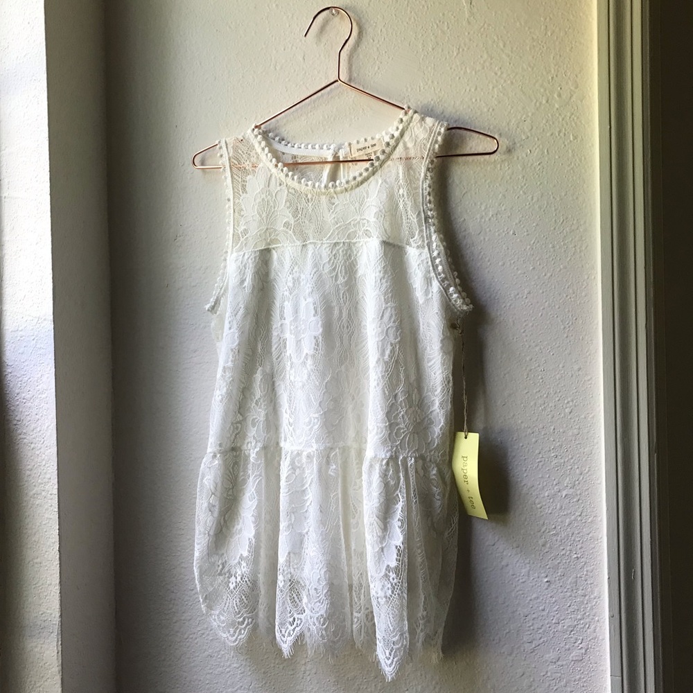 Paper + Tee Ivory Lace Top Crochet Fringe Lined